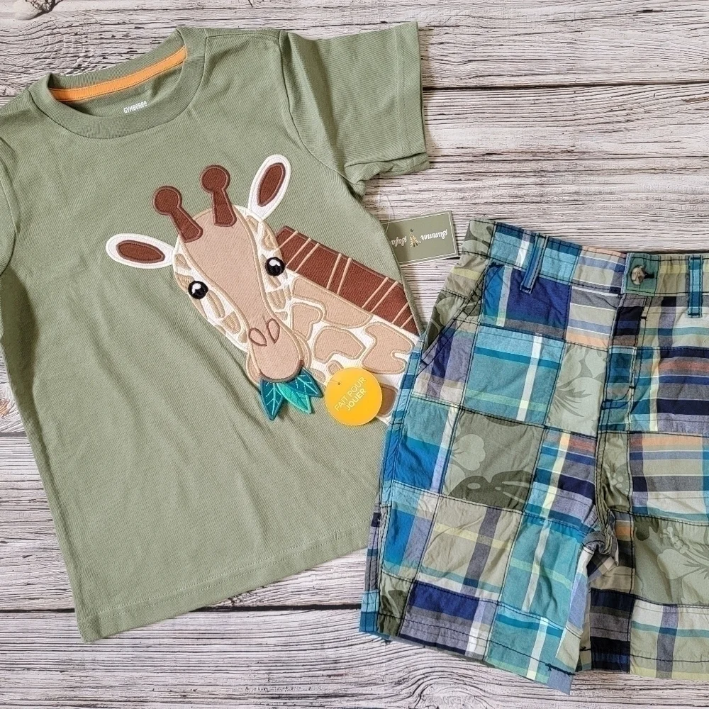 Gymboree Summer Safari Giraffe T-Shirt Binoculars Tank Top & Patchwork Shorts